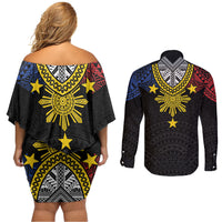 Philippines Heritage Baybayin Mix Polynesian Couples Matching Off Shoulder Short Dress and Long Sleeve Button Shirt