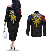 Philippines Heritage Baybayin Mix Polynesian Couples Matching Off The Shoulder Long Sleeve Dress and Long Sleeve Button Shirt