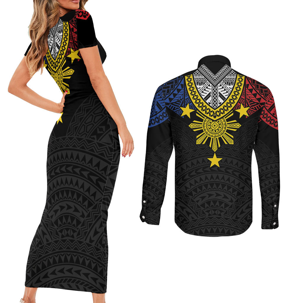 Philippines Heritage Baybayin Mix Polynesian Couples Matching Short Sleeve Bodycon Dress and Long Sleeve Button Shirt