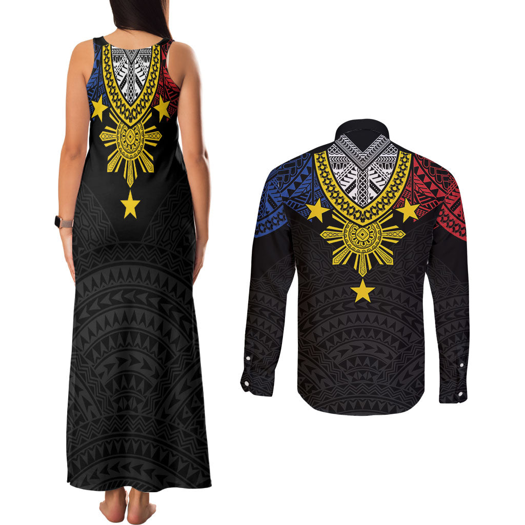 Philippines Heritage Baybayin Mix Polynesian Couples Matching Tank Maxi Dress and Long Sleeve Button Shirt