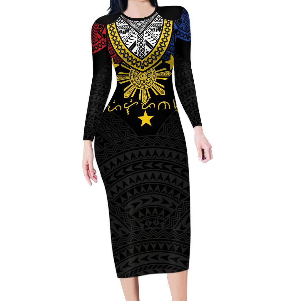 Philippines Heritage Baybayin Mix Polynesian Family Matching Long Sleeve Bodycon Dress and Hawaiian Shirt LT7 Mom's Dress Black - Polynesian Pride