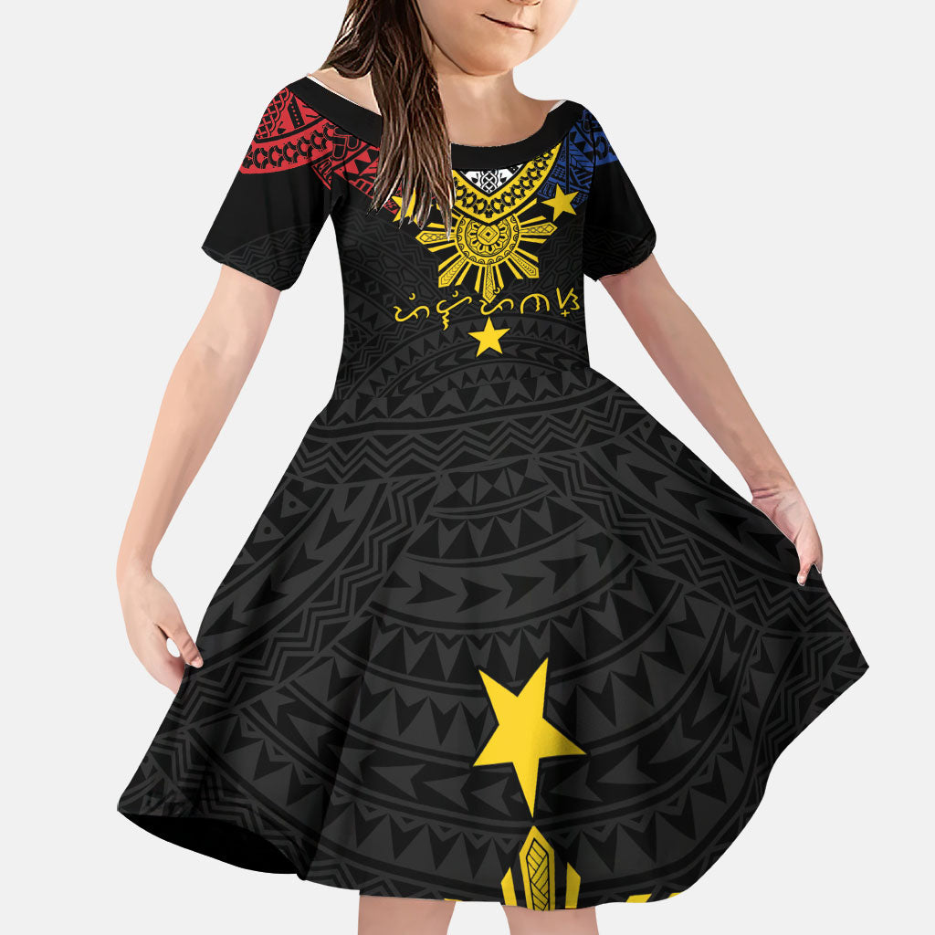 Philippines Heritage Baybayin Mix Polynesian Family Matching Mermaid Dress and Hawaiian Shirt LT7 Daughter's Dress Black - Polynesian Pride