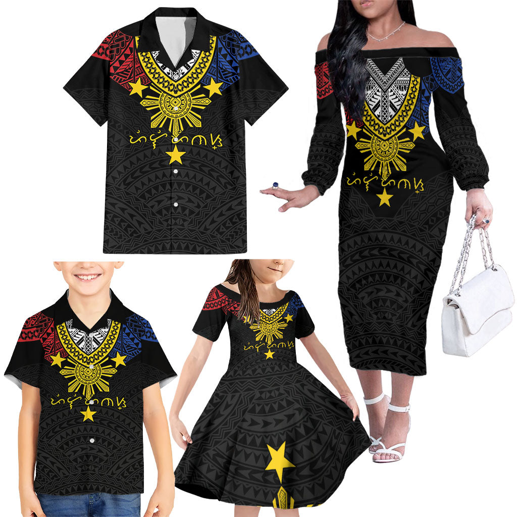 Philippines Heritage Baybayin Mix Polynesian Family Matching Off The Shoulder Long Sleeve Dress and Hawaiian Shirt LT7 - Polynesian Pride