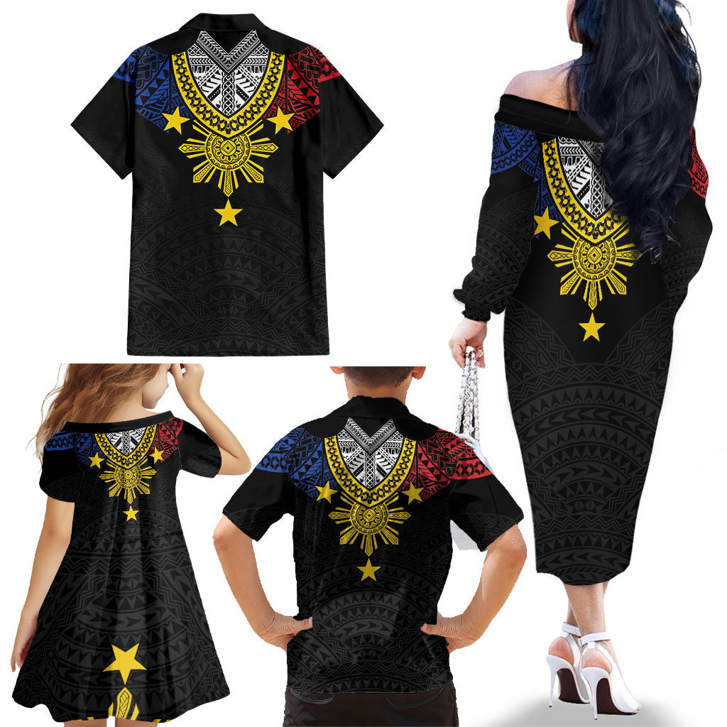 Philippines Heritage Baybayin Mix Polynesian Family Matching Off The Shoulder Long Sleeve Dress and Hawaiian Shirt LT7 - Polynesian Pride