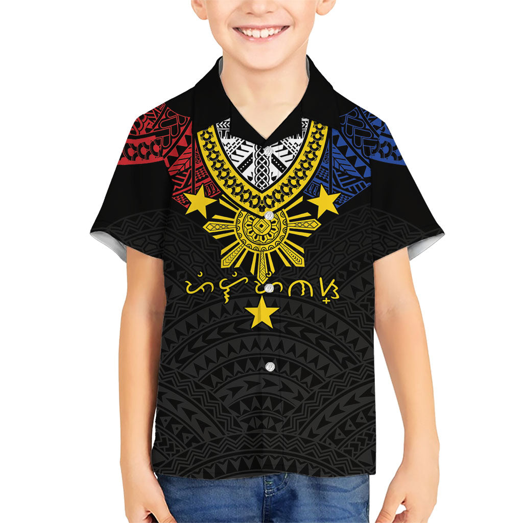 Philippines Heritage Baybayin Mix Polynesian Family Matching Off The Shoulder Long Sleeve Dress and Hawaiian Shirt LT7 Son's Shirt Black - Polynesian Pride
