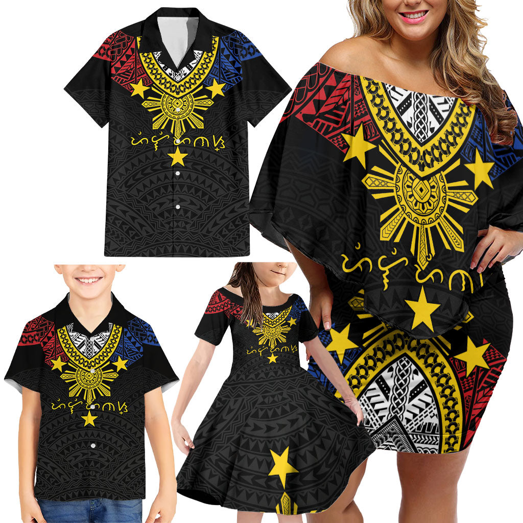 Philippines Heritage Baybayin Mix Polynesian Family Matching Off Shoulder Short Dress and Hawaiian Shirt