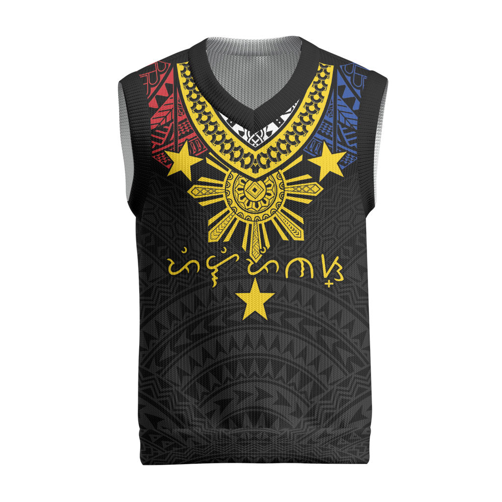 Philippines Heritage Baybayin Mix Polynesian Christmas Knitted V-Neck Vest LT7 Black - Polynesian Pride