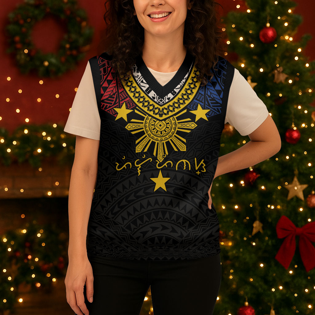 Philippines Heritage Baybayin Mix Polynesian Christmas Knitted V-Neck Vest LT7 - Polynesian Pride