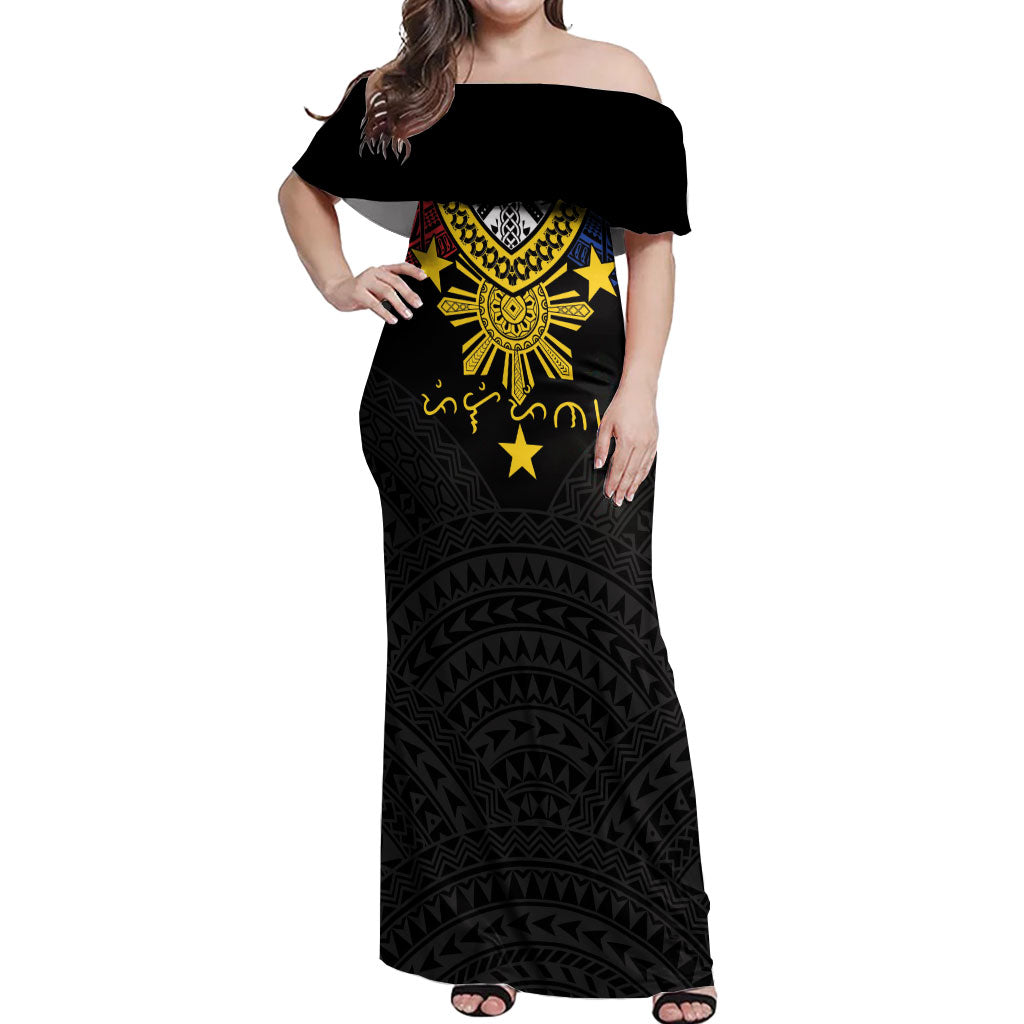 Philippines Heritage Baybayin Mix Polynesian Off Shoulder Maxi Dress