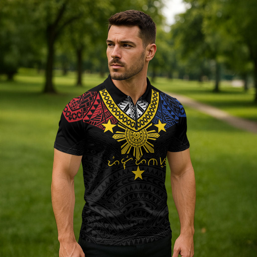 Philippines Heritage Baybayin Mix Polynesian Zipper Polo Shirt