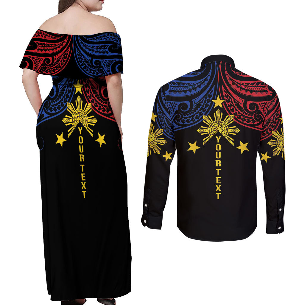 Philippines Heritage Personalized Couples Matching Off Shoulder Maxi Dress and Long Sleeve Button Shirt Baybayin Philipinas Sun