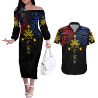 Philippines Heritage Personalized Couples Matching Off The Shoulder Long Sleeve Dress and Hawaiian Shirt Baybayin Philipinas Sun