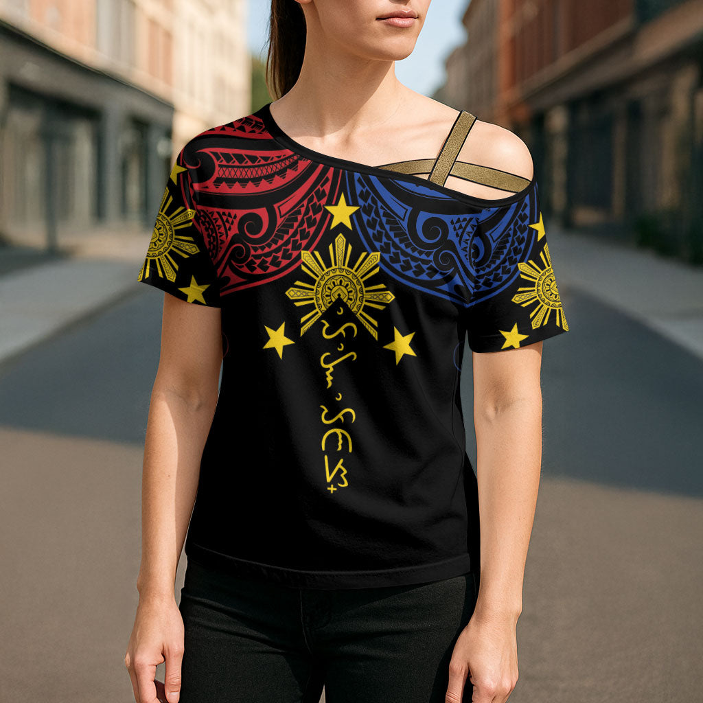 Philippines Heritage Personalized Cross Shoulder Shirt Baybayin Philipinas Sun