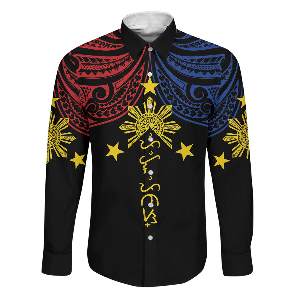 Philippines Heritage Personalized Family Matching Long Sleeve Bodycon Dress and Hawaiian Shirt Baybayin Philipinas Sun LT7 Dad's Shirt - Long Sleeve Black - Polynesian Pride