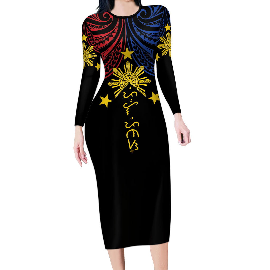 Philippines Heritage Personalized Family Matching Long Sleeve Bodycon Dress and Hawaiian Shirt Baybayin Philipinas Sun LT7 Mom's Dress Black - Polynesian Pride