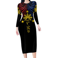 Philippines Heritage Personalized Family Matching Long Sleeve Bodycon Dress and Hawaiian Shirt Baybayin Philipinas Sun LT7 Mom's Dress Black - Polynesian Pride
