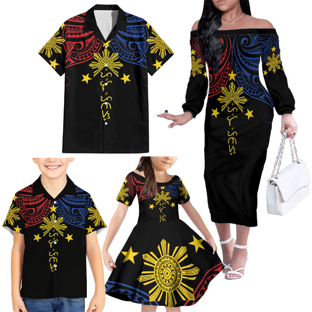 Philippines Heritage Personalized Family Matching Off The Shoulder Long Sleeve Dress and Hawaiian Shirt Baybayin Philipinas Sun LT7 - Polynesian Pride