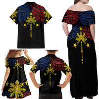 Philippines Heritage Personalized Family Matching Off Shoulder Maxi Dress and Hawaiian Shirt Baybayin Philipinas Sun