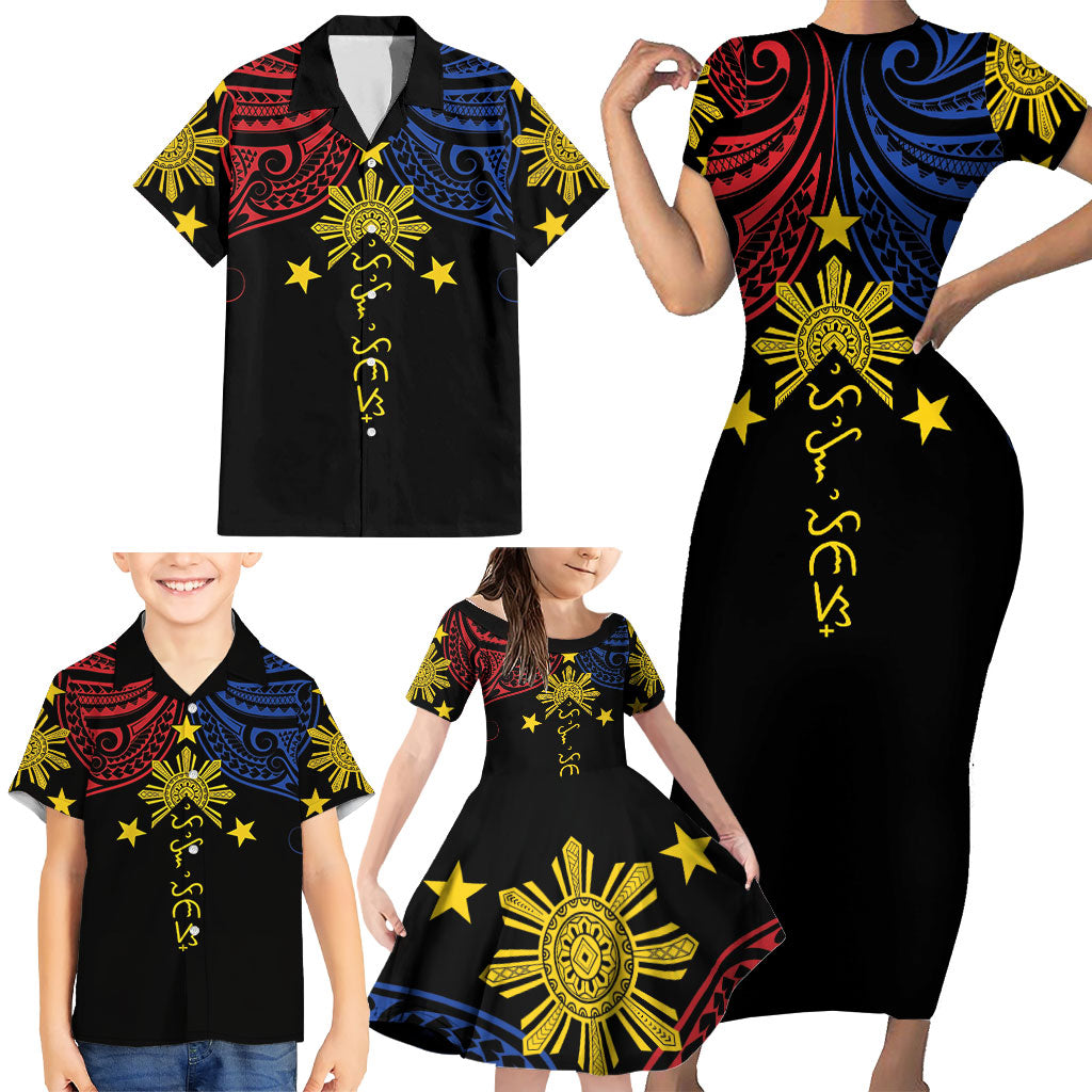 Philippines Heritage Personalized Family Matching Short Sleeve Bodycon Dress and Hawaiian Shirt Baybayin Philipinas Sun LT7 - Polynesian Pride