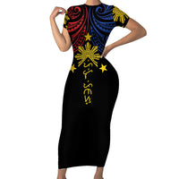 Philippines Heritage Personalized Family Matching Short Sleeve Bodycon Dress and Hawaiian Shirt Baybayin Philipinas Sun LT7 Mom's Dress Black - Polynesian Pride