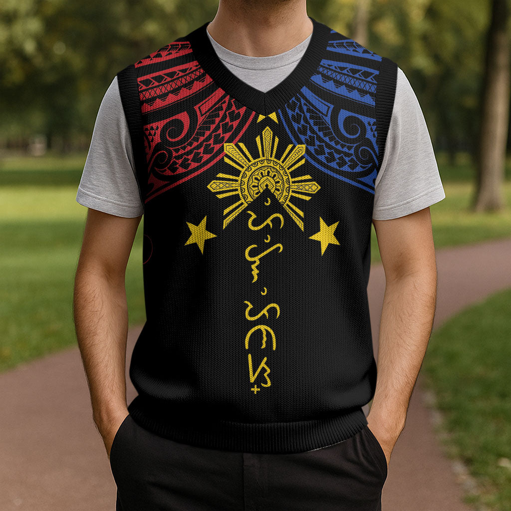 Philippines Heritage Personalized Christmas Knitted V-Neck Vest Baybayin Philipinas Sun LT7 - Polynesian Pride