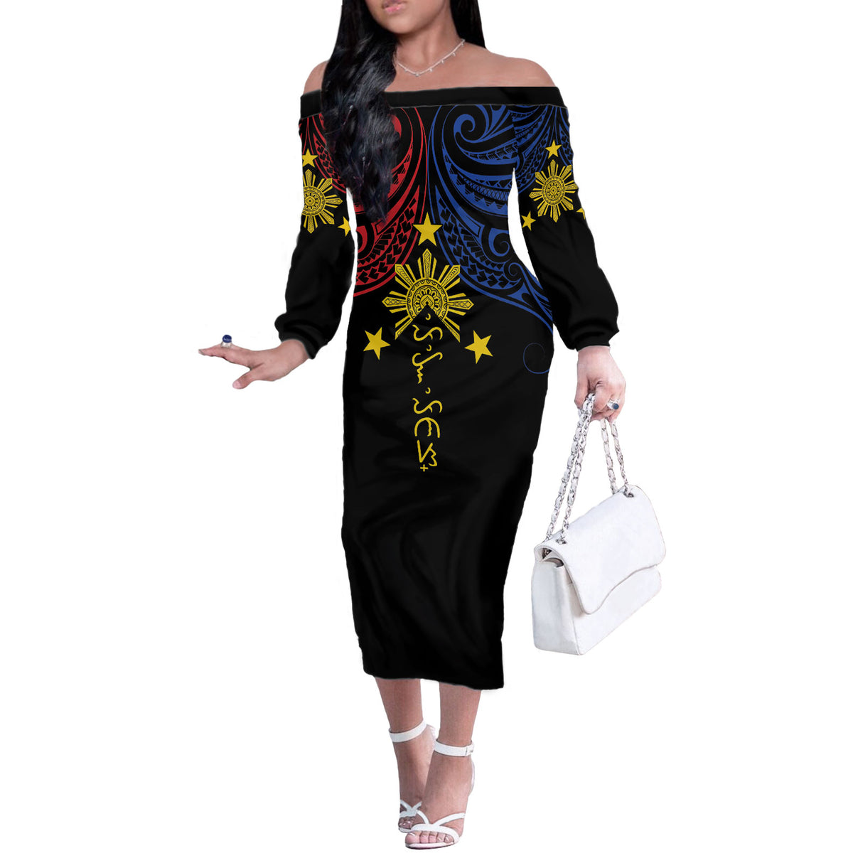 Philippines Heritage Personalized Off The Shoulder Long Sleeve Dress Baybayin Philipinas Sun