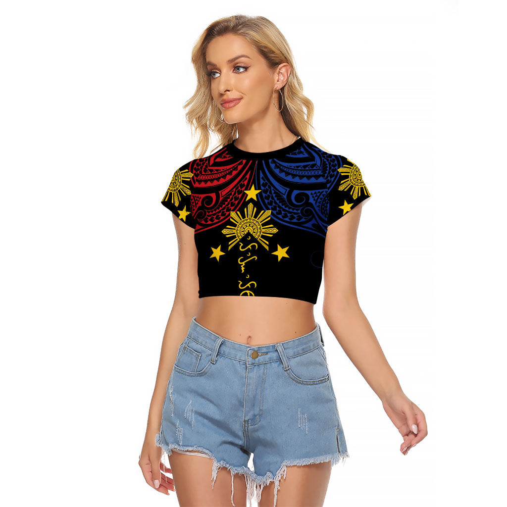 Philippines Heritage Personalized Raglan Cropped T Shirt Baybayin Philipinas Sun