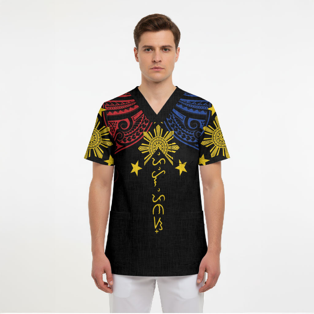 Philippines Heritage Personalized Scrub Top Baybayin Philipinas Sun