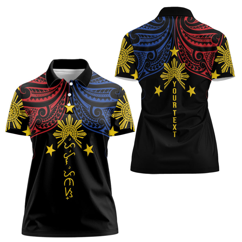 Philippines Heritage Personalized Women Polo Shirt Baybayin Philipinas Sun