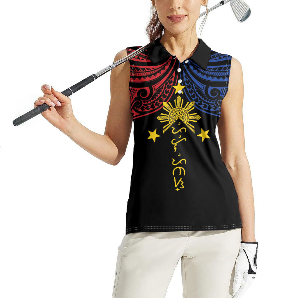 Philippines Heritage Personalized Women Sleeveless Polo Shirt Baybayin Philipinas Sun