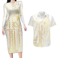 Samoa Lotu Tamaiti Mamanu Siapo Couples Matching Long Sleeve Bodycon Dress and Hawaiian Shirt Golden Plumeria LT7 Gold - Polynesian Pride