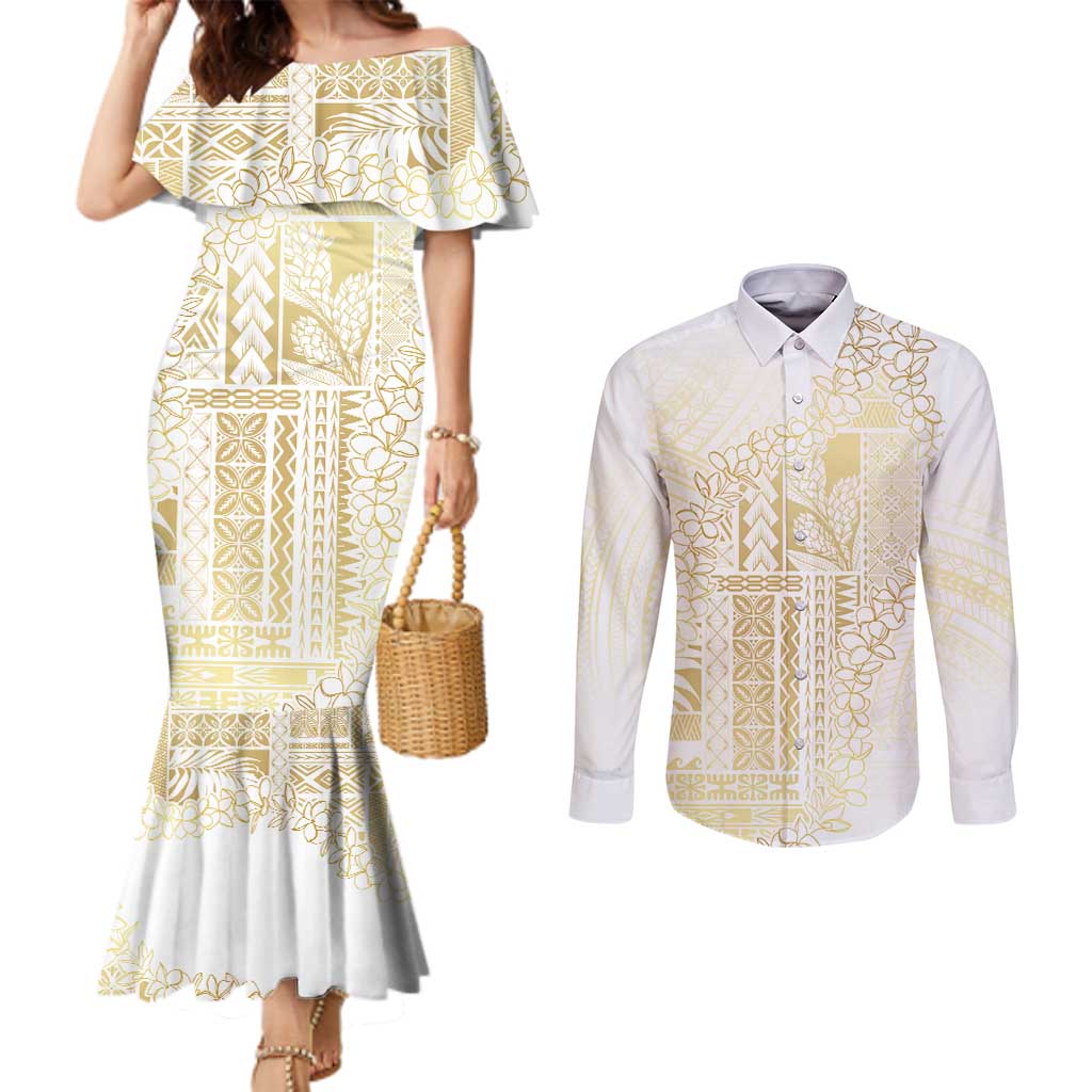 Samoa Lotu Tamaiti Mamanu Siapo Couples Matching Mermaid Dress and Long Sleeve Button Shirt Golden Plumeria LT7 Gold - Polynesian Pride