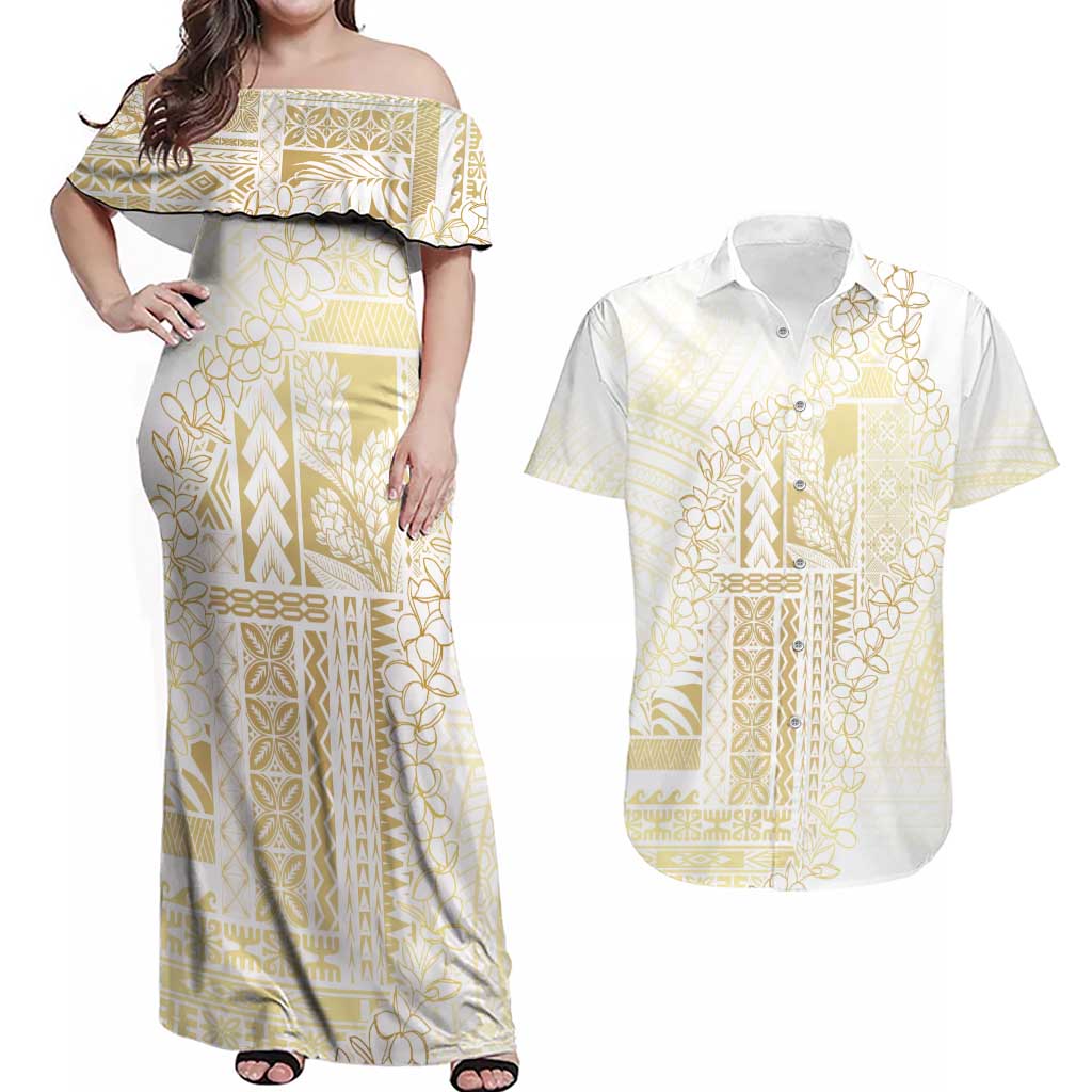 Samoa Lotu Tamaiti Mamanu Siapo Couples Matching Off Shoulder Maxi Dress and Hawaiian Shirt Golden Plumeria - Polynesian Pride