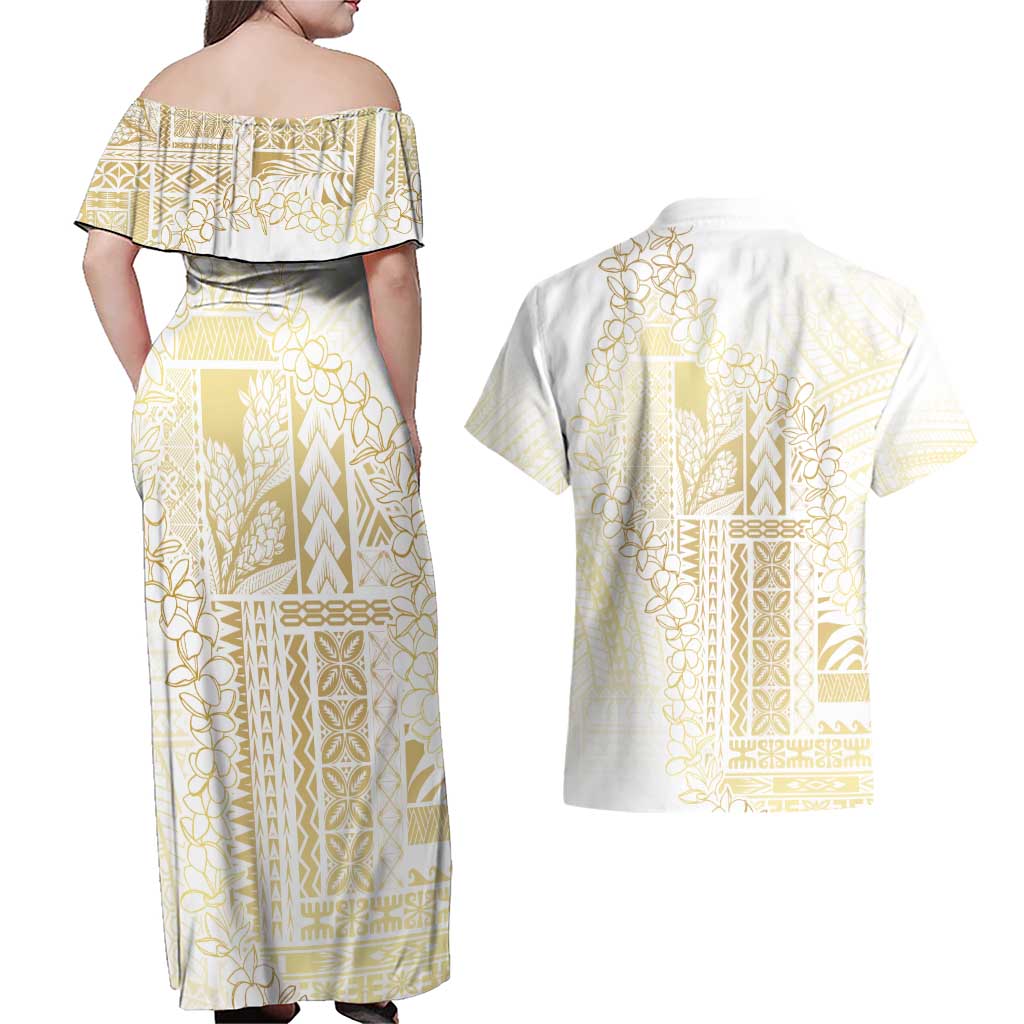 Samoa Lotu Tamaiti Mamanu Siapo Couples Matching Off Shoulder Maxi Dress and Hawaiian Shirt Golden Plumeria LT7 - Polynesian Pride
