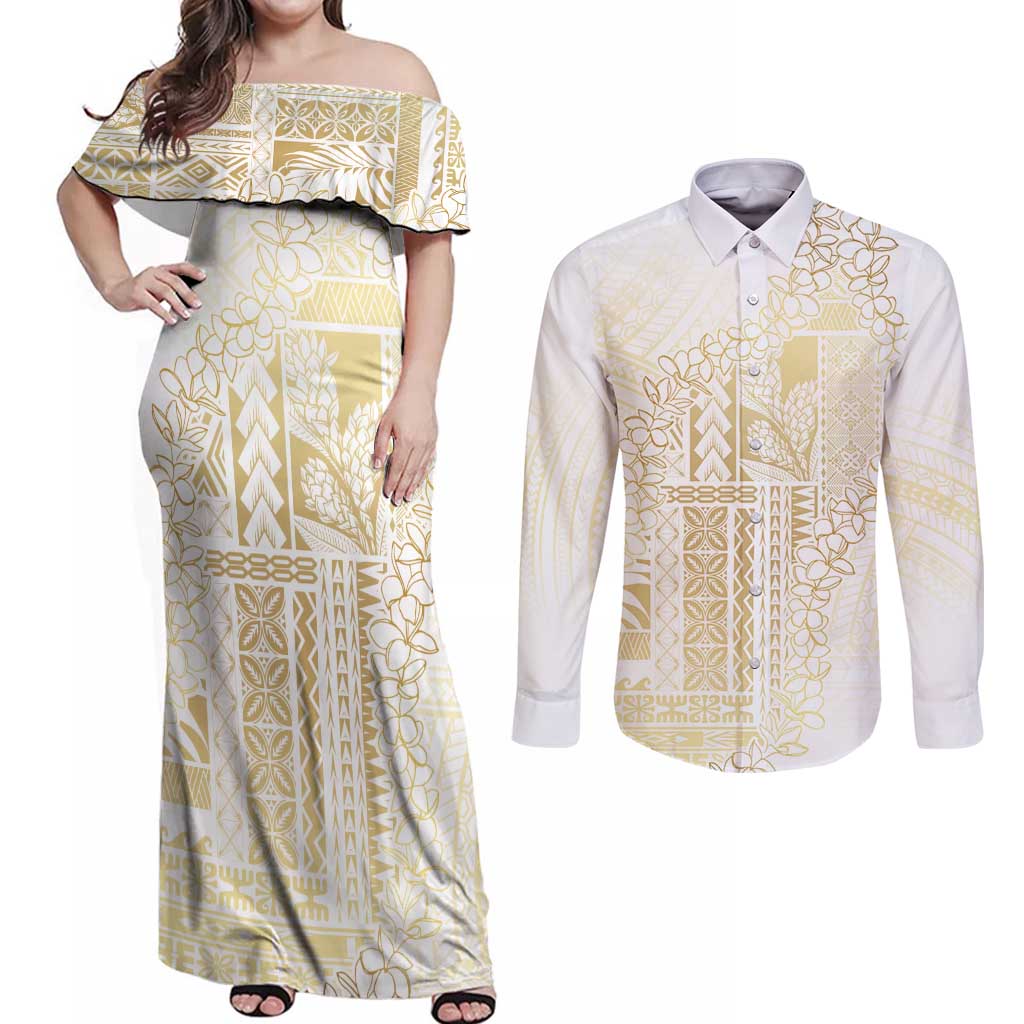 Samoa Lotu Tamaiti Mamanu Siapo Couples Matching Off Shoulder Maxi Dress and Long Sleeve Button Shirt Golden Plumeria LT7 Gold - Polynesian Pride