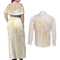 Samoa Lotu Tamaiti Mamanu Siapo Couples Matching Off Shoulder Maxi Dress and Long Sleeve Button Shirt Golden Plumeria LT7 - Polynesian Pride