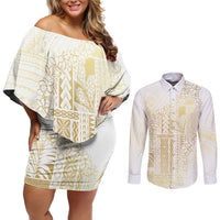 Samoa Lotu Tamaiti Mamanu Siapo Couples Matching Off Shoulder Short Dress and Long Sleeve Button Shirt Golden Plumeria LT7 Gold - Polynesian Pride