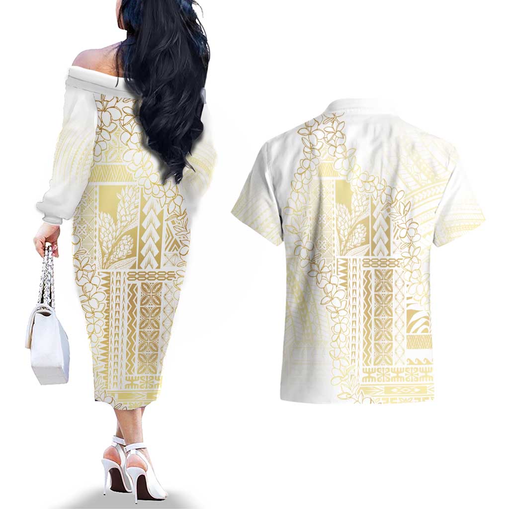 Samoa Lotu Tamaiti Mamanu Siapo Couples Matching Off The Shoulder Long Sleeve Dress and Hawaiian Shirt Golden Plumeria LT7 - Polynesian Pride