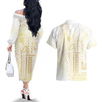 Samoa Lotu Tamaiti Mamanu Siapo Couples Matching Off The Shoulder Long Sleeve Dress and Hawaiian Shirt Golden Plumeria LT7 - Polynesian Pride