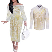 Samoa Lotu Tamaiti Mamanu Siapo Couples Matching Off The Shoulder Long Sleeve Dress and Long Sleeve Button Shirt Golden Plumeria LT7 Gold - Polynesian Pride