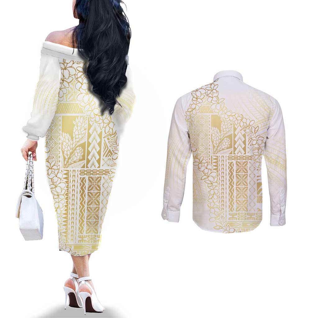 Samoa Lotu Tamaiti Mamanu Siapo Couples Matching Off The Shoulder Long Sleeve Dress and Long Sleeve Button Shirt Golden Plumeria LT7 - Polynesian Pride