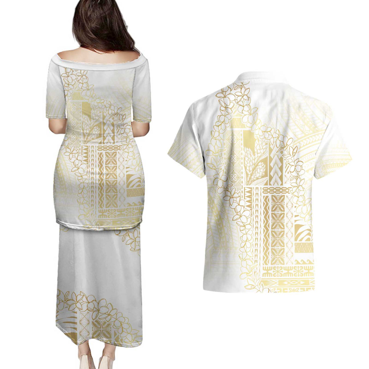 Samoa Lotu Tamaiti Mamanu Siapo Couples Matching Puletasi and Hawaiian Shirt Golden Plumeria LT7 - Polynesian Pride