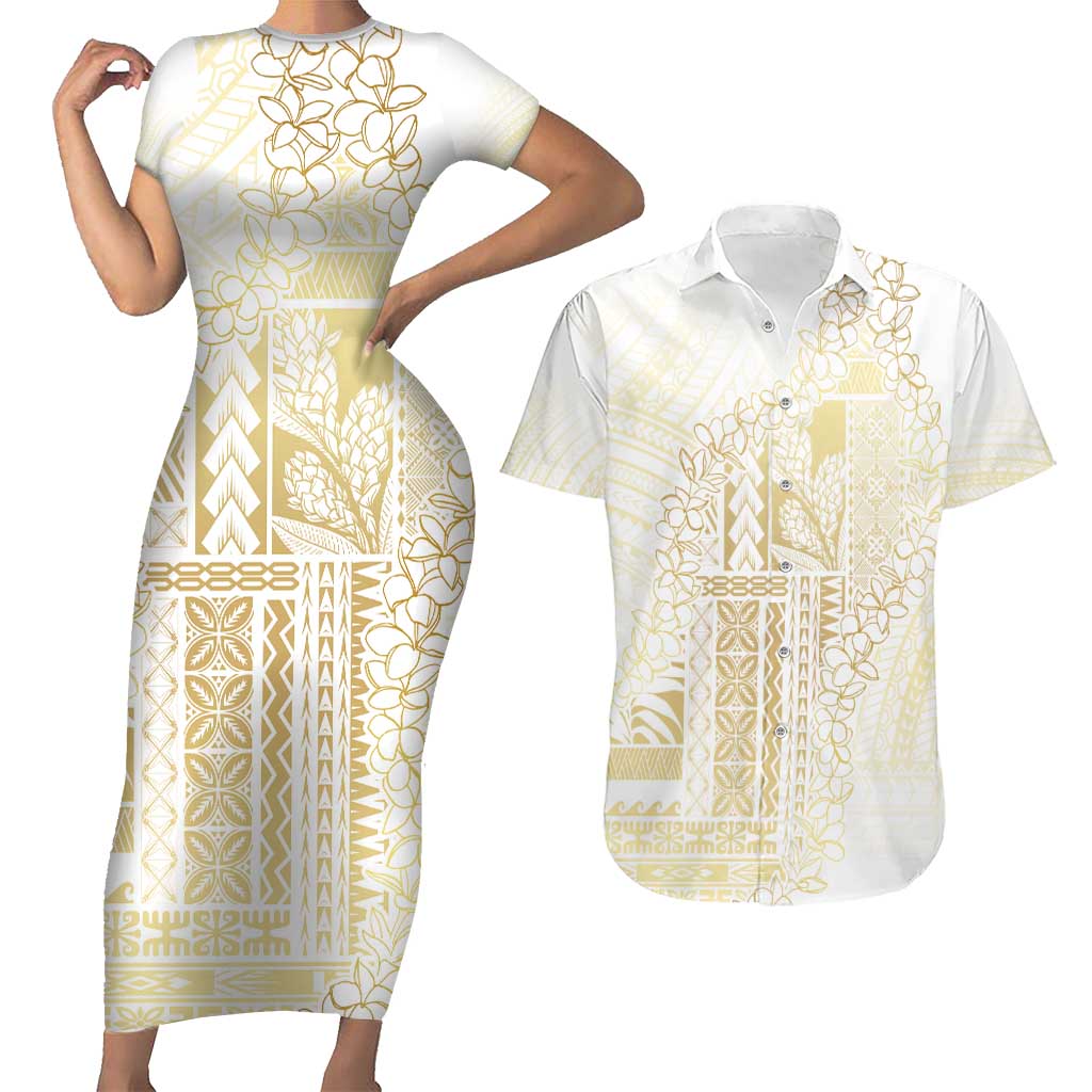 Samoa Lotu Tamaiti Mamanu Siapo Couples Matching Short Sleeve Bodycon Dress and Hawaiian Shirt Golden Plumeria LT7 Gold - Polynesian Pride