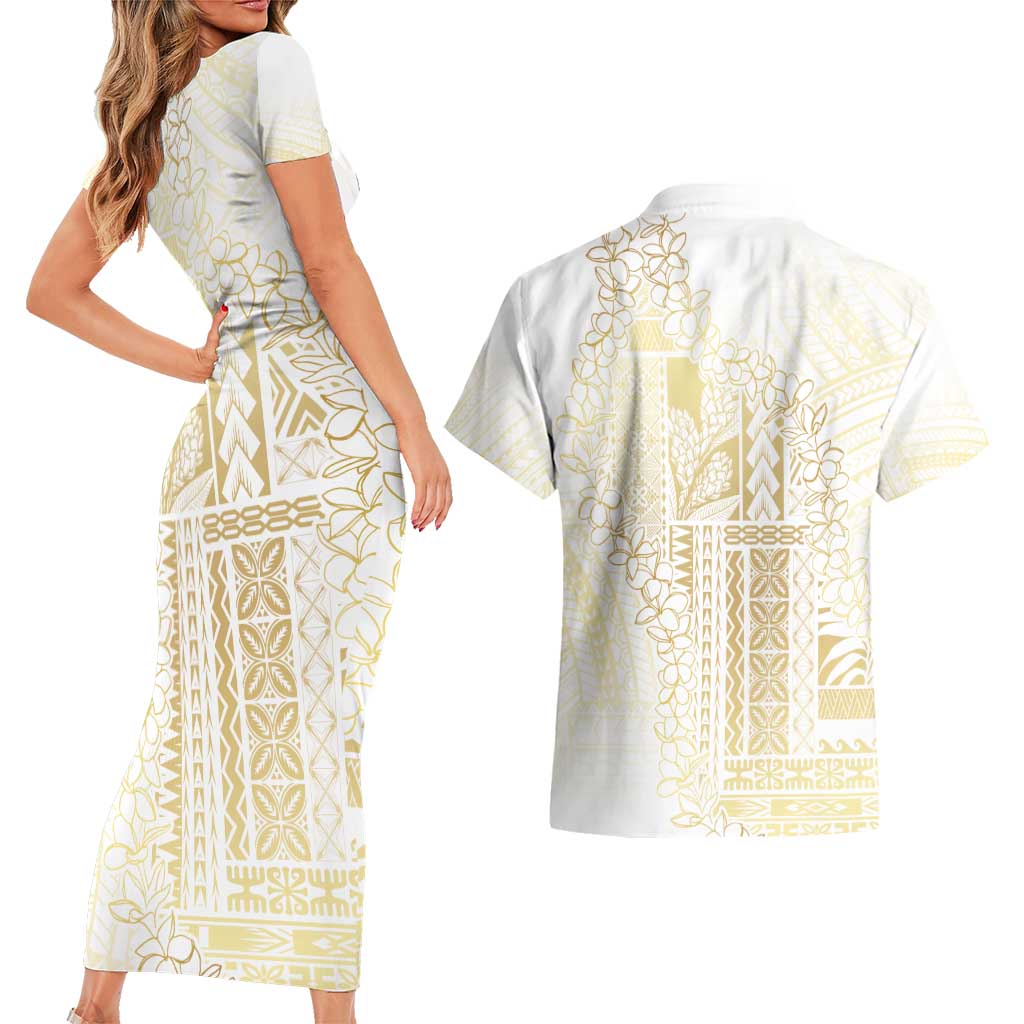 Samoa Lotu Tamaiti Mamanu Siapo Couples Matching Short Sleeve Bodycon Dress and Hawaiian Shirt Golden Plumeria LT7 - Polynesian Pride