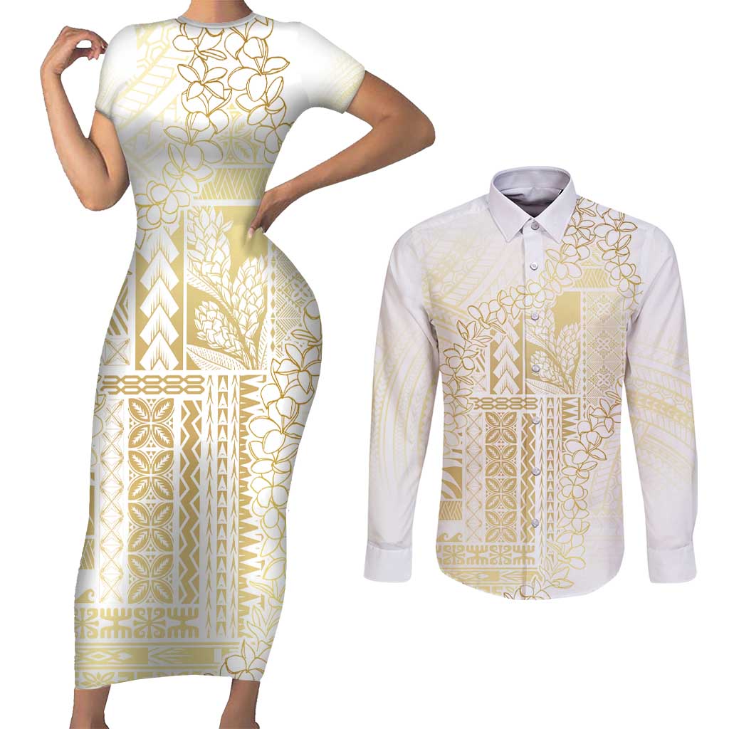Samoa Lotu Tamaiti Mamanu Siapo Couples Matching Short Sleeve Bodycon Dress and Long Sleeve Button Shirt Golden Plumeria LT7 Gold - Polynesian Pride