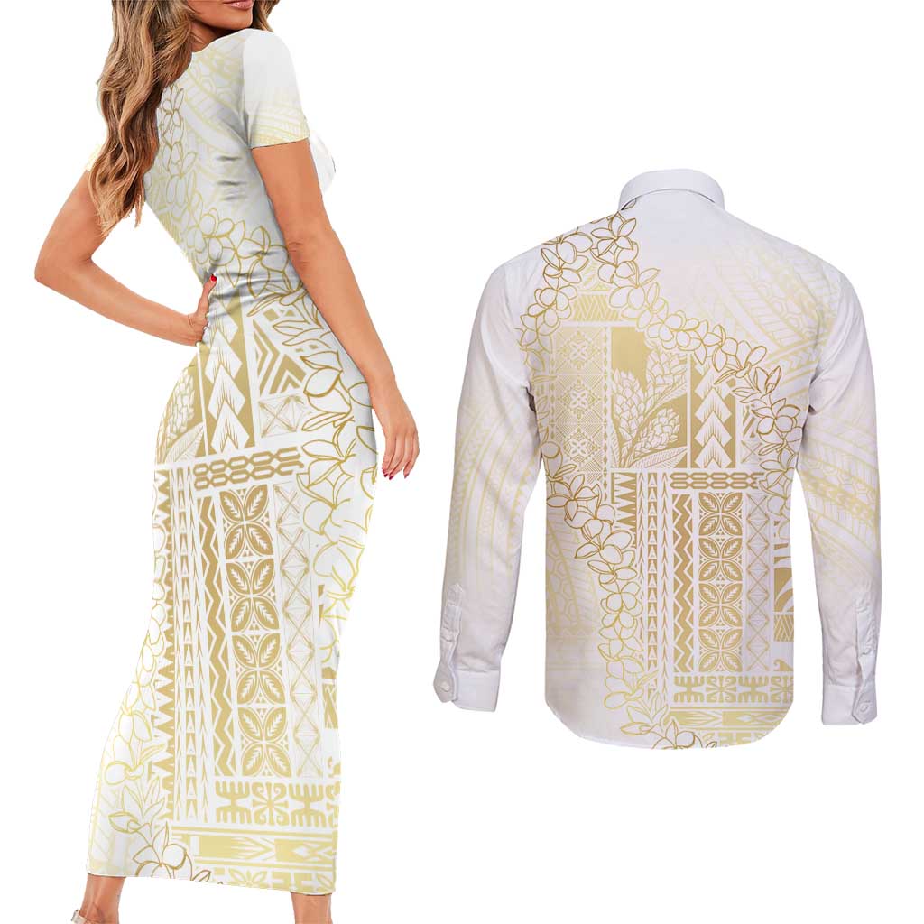Samoa Lotu Tamaiti Mamanu Siapo Couples Matching Short Sleeve Bodycon Dress and Long Sleeve Button Shirt Golden Plumeria LT7 - Polynesian Pride