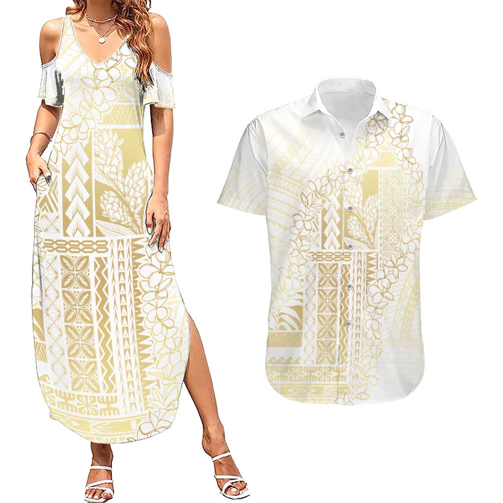 Samoa Lotu Tamaiti Mamanu Siapo Couples Matching Summer Maxi Dress and Hawaiian Shirt Golden Plumeria LT7 Gold - Polynesian Pride