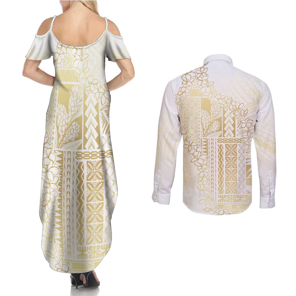 Samoa Lotu Tamaiti Mamanu Siapo Couples Matching Summer Maxi Dress and Long Sleeve Button Shirt Golden Plumeria LT7 - Polynesian Pride