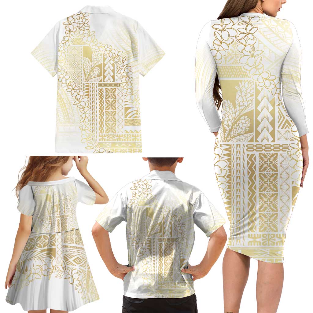Samoa Lotu Tamaiti Mamanu Siapo Family Matching Long Sleeve Bodycon Dress and Hawaiian Shirt Golden Plumeria LT7 - Polynesian Pride