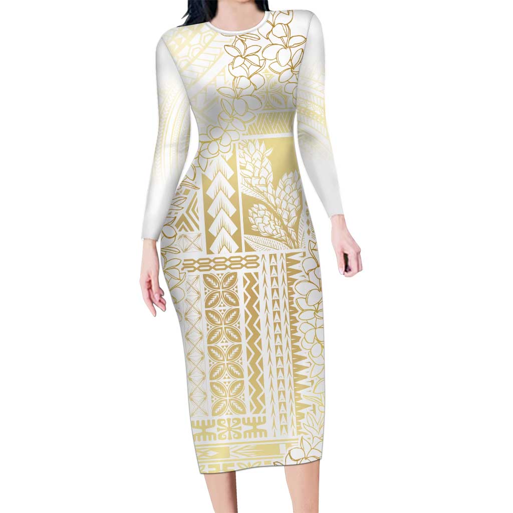 Samoa Lotu Tamaiti Mamanu Siapo Family Matching Long Sleeve Bodycon Dress and Hawaiian Shirt Golden Plumeria LT7 Mom's Dress Gold - Polynesian Pride